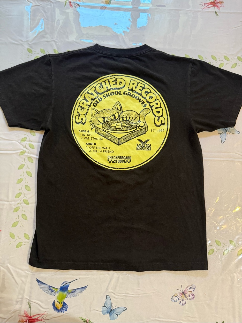 Vans Black Short Sleeve Tee with Yellow 'Scratched Records' Back Graphic
